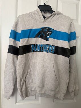 Gray Carolina Panthers Pullover Hoodie with Blue & Black Stripes